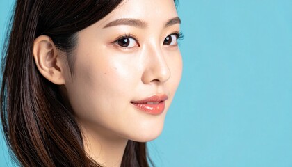 Fototapeta premium 日本人若い女性・完璧な顔立ち・透明感美肌・半横顔・水色背景固定・テキストなし・美容広告シネマティック / Japanese Young Woman Perfect Face — Translucent Skin, Half-Side Angle, Solid Light Blue Background Only, No Text, Cinematic Beauty Commercial