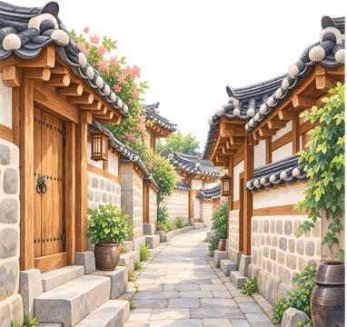 traditional Korean Hanok Village Street with Wooden Houses