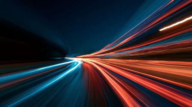 abstract light trails on a dark road at night, dynamic motion blur and long exposure creating a futuristic high-speed background with glowing energy streaks and dramatic nighttime atmosphere