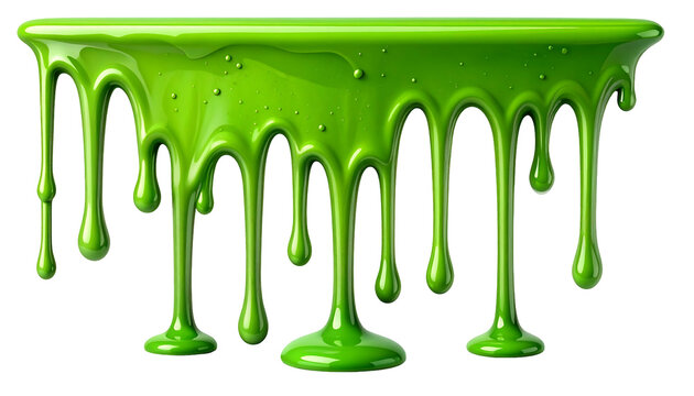 A glossy, dripping, vibrant green substance with rounded, elongated drops, on black background