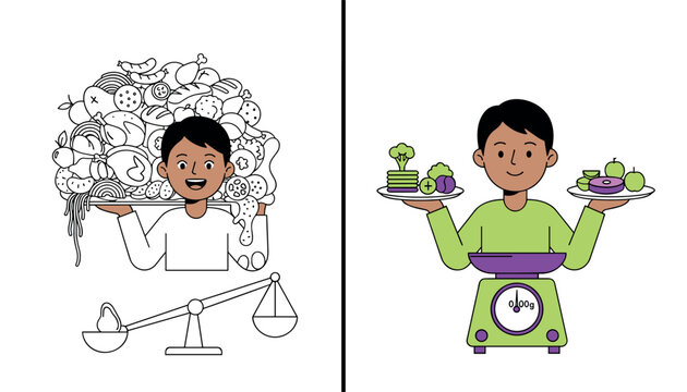 Young cook balancing a heap of diverse food items compared to weighing measured healthy produce on a digital kitchen scale.