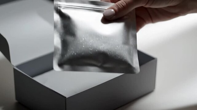 Close up of a woman hand removing a silver pouch from a small gift box