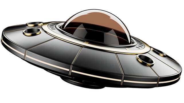 Sleek metallic black flying saucer with gold trim details in a premium style, sleek, metallic black exterior and gold trim details