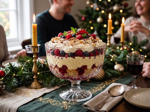 Traditional English trifle dessert in crystal pedestal bowl on festive Christmas dining table