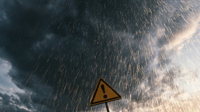 Dark cloudy sky with heavy rain and warning sign, severe weather alert concept for storm danger, natural disaster, climate risk, emergency preparedness and safety awareness