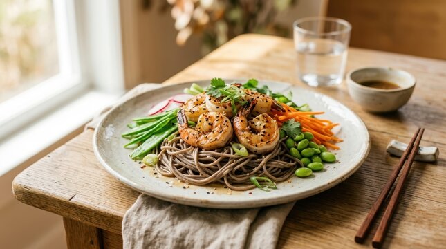 Delicious shrimp and soba noodle salad with fresh vegetables and sesame seeds