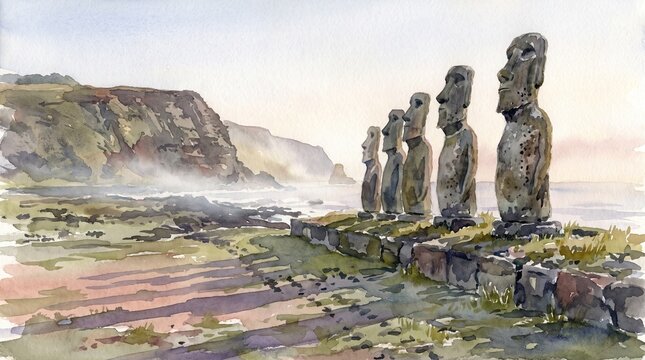 Watercolor Statues Under a Dramatic Pacific Sky