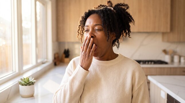 Tired Black woman yawning in a bright modern kitchen at home