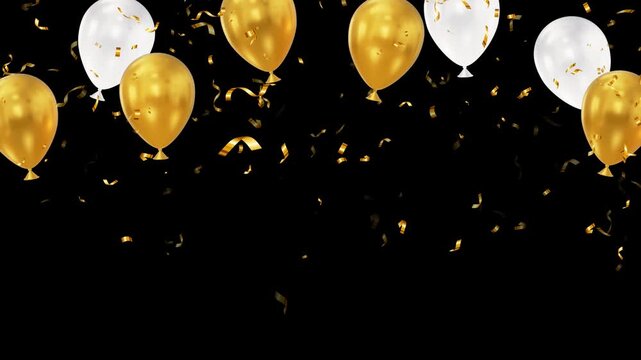 gold metallic balloons and confetti rain isolated alpha channel animation ,golden birthday party and anniversary celebration and sale overlay social media motion design element