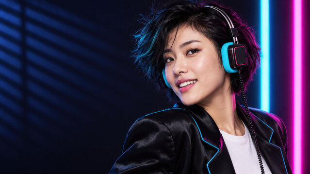 Stylish Asian Woman Wearing Neon Wired Headphones in Blue and Pink Light