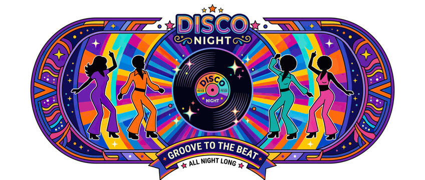 Retro Disco Night Dancing Silhouettes Colorful Abstract Background