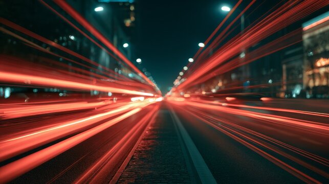 Abstract red light trails and motion blur of speeding car traffic on a dark urban highway at night, dynamic long exposure road background with glowing headlights, fast movement, asphalt texture, and m