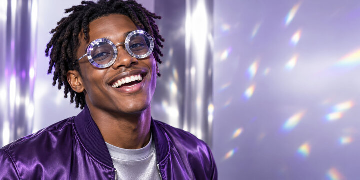 Smiling Black Man Wearing Round Mirror Glasses in Purple Light