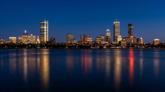 Nighttime Boston cityscape panorama featuring glowing buildings and river reflections.