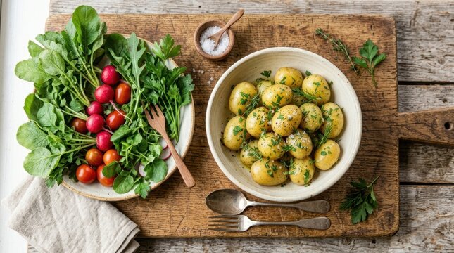Freshly prepared boiled potatoes with herbs and a side of radish and cherry tomato salad
