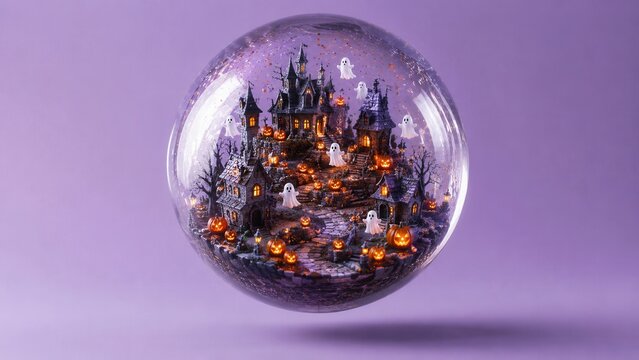 Miniature haunted Halloween village inside floating glass sphere with ghosts pumpkins and glowing castle scene