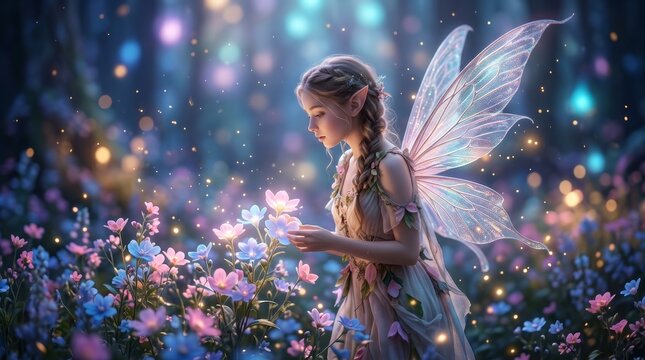 Magical forest scene featuring a fairy looking at a cluster of colorful flowers.
