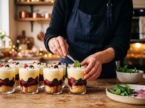 Person placing fresh mint leaf on individual mini English trifle glasses for Christmas party