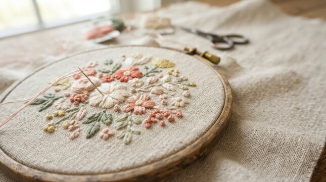 Close-up of floral embroidery in progress with needle and thread