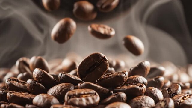 Roasted Coffee Beans Pouring with Hot Smoke in Slow Motion