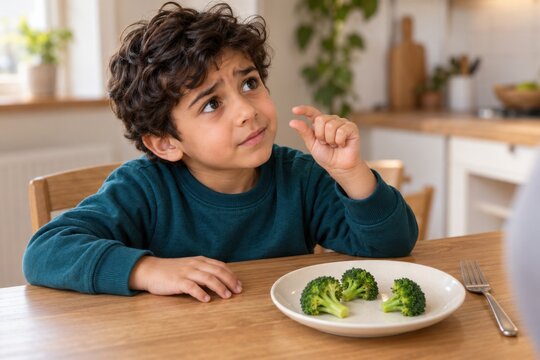 Picky Boy Negotiating a Tiny Portion of Broccoli at Family Meal