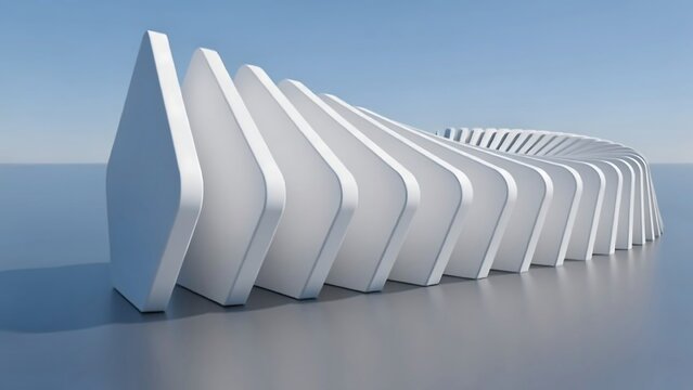 Pentagonal slabs form a curved geometric sculpture on a gray floor.