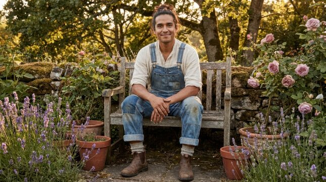 Young man in denim overalls sitting on a rustic garden bench surrounded by flowers