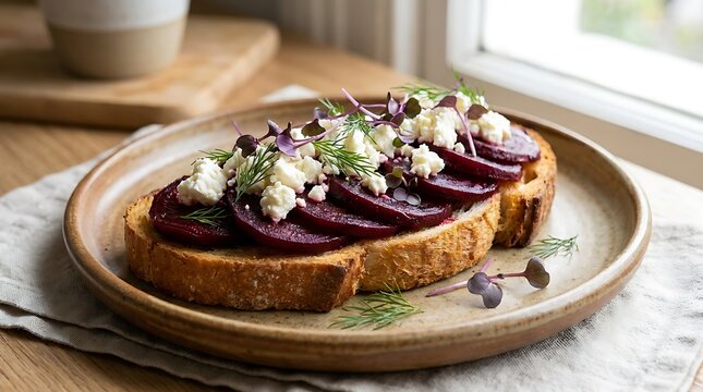 Delicious sourdough toast with roasted beet slices and white cheese on a wooden plate in the kitchen. beet and feta topping
