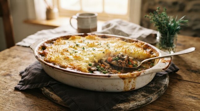 Hearty shepherd's pie with mashed potato topping served in a rustic dish