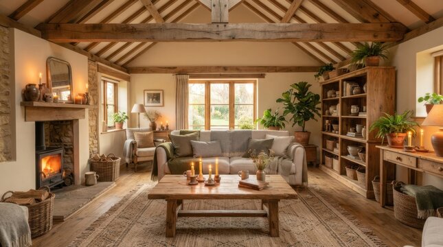 Cozy rustic living room with fireplace and natural wood elements