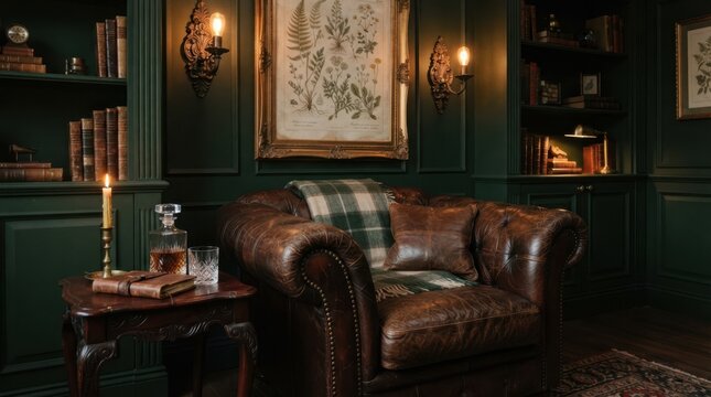 Cozy leather armchair in a dimly lit library with a candle and whiskey