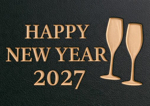 Happy new year 2027, new year's eve party celebration greeting card - Black background texture with wooden text