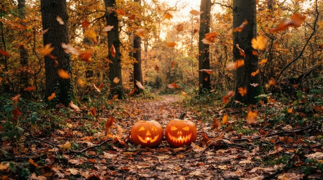 Two carved pumpkins glowing on a forest path during autumn with falling leaves
