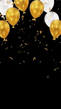 gold metallic balloons and confetti rain isolated alpha channel animation ,golden birthday party and anniversary celebration and sale overlay vertical social media motion design element