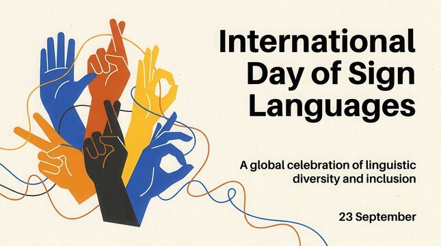 International day of sign languages poster with colorful hands making signs and connecting lines