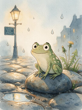 Vertical watercolor illustration of a smiling green frog sitting on a stone in the rain. Cute amphibian on a cobblestone street with a glowing lamp post, water puddle and dandelion flowers