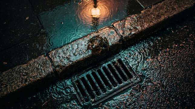 Frog sitting on a wet stone curb near a metal street drain during rain. Urban night scene with water puddles and orange street light reflection. Moody weather concept