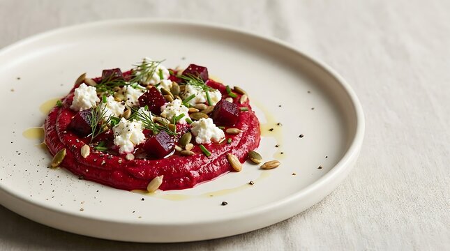 Fresh beet salad with goat cheese and pine nuts served on a simple ceramic plate for healthy dinner. beet and feta topping