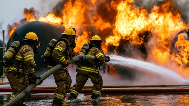 Firefighters practicing extinguishing industrial fire at fire station, holding hose and spraying water toward storage tank, emergency response training, rescue teamwork and fire safety