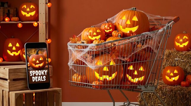 Halloween shopping cart full of carved pumpkins and spooky decorations