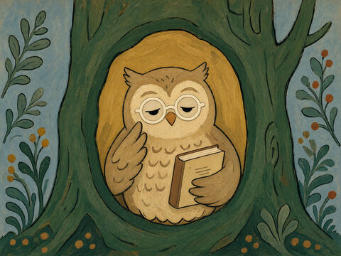 Naive illustration of a wise owl with glasses holding a book in a tree hollow. Tired bird character resting or thinking. Everyday emotions bestiary concept