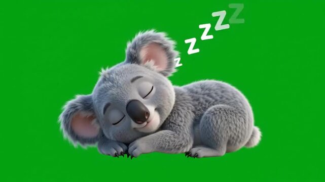A cute cartoon koala bear sleeping soundly with white z symbols on a solid green background screen