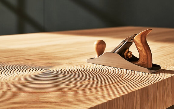 Traditional Hand Plane on Textured Wooden Surface with Concentric Carving Pattern