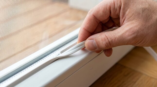 A person glues new rubber sealing tape to a window frame for insulation and wind protection.