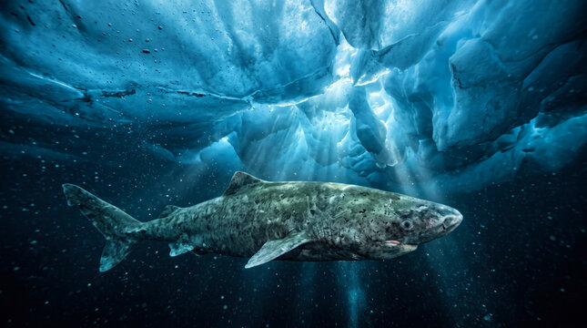 A majestic great white shark swimming gracefully beneath the surface of the deep blue ocean water