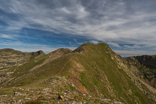 View during hiking on GRP hking trail bezween Refugi de Cabana Sorda and Refugi de Coms de Jan in Pyrenees mountains in Andorra