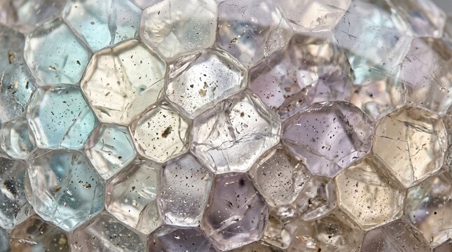 Macro View of Polished Hexagonal Gemstone Facets with Pastel Tones and Natural Mineral Inclusions