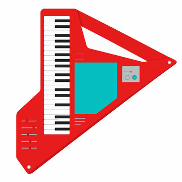 Bright red modern keytar synthesizer vector graphic illustration featuring classic piano keys and electronic controls for professional musical performance art projects