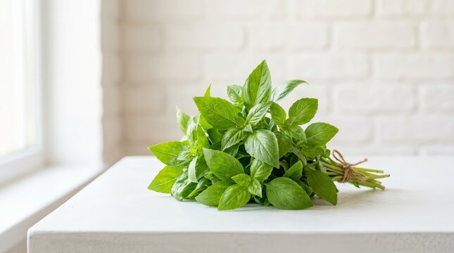 Freshly harvested green lemon basil herb bunch sitting on a white concrete table.