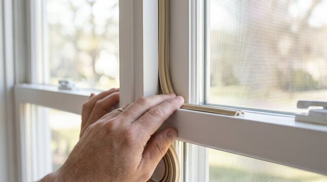 Close up of hands applying rubber seal strip to a window for weatherproofing.